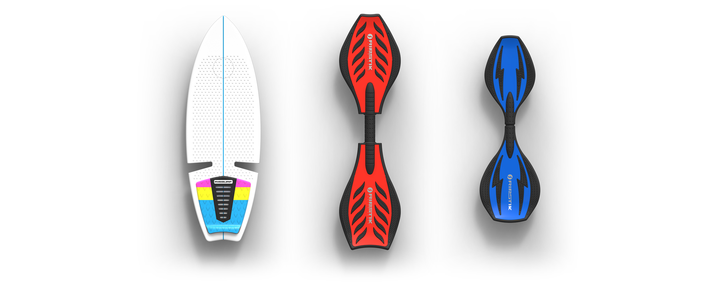 Family of RipStiks all lined up next to each other in an aerial view